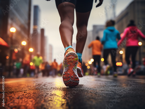Marathon race with runners feet on city roads