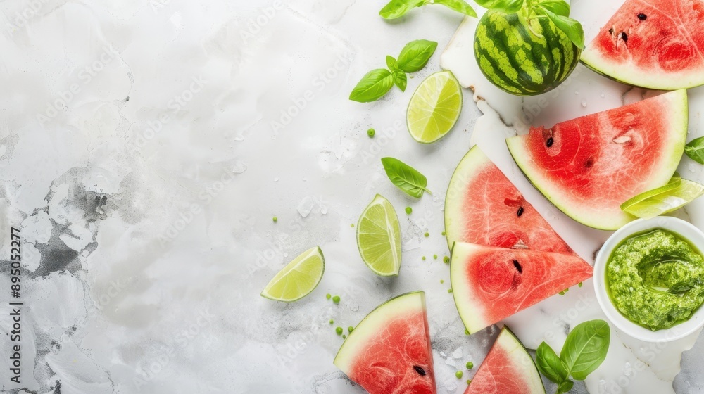 Watermelon slices with lime and pesto on a white plate, surrounded by strawberries and basil leaves. Refreshing summer snack concept. Watermelon slices with lime and pesto on a white plate, surrounded by strawberries and basil leaves. Refreshing summer snack concept.