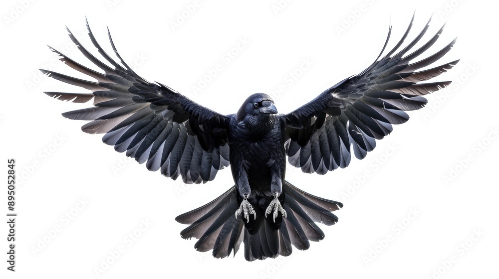 Obraz premium Isolated carrion crow with spread wings on white backdrop
