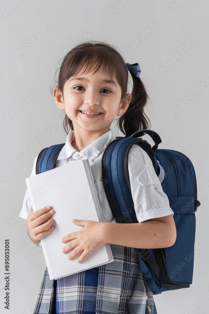 cute little girl wearing a school uniform holding a white book in her hands cute little girl wearing a school uniform holding a white book in her hands