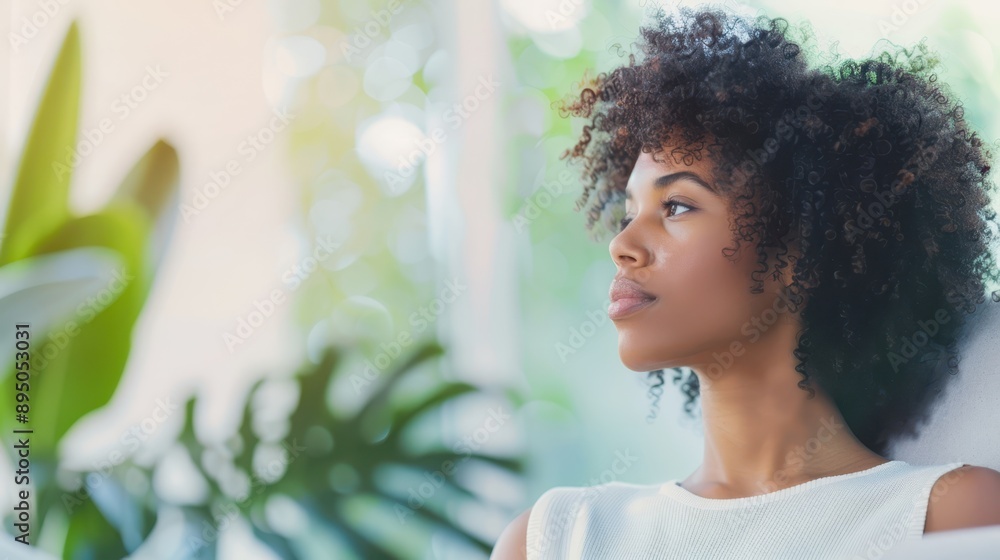 African American woman relaxing on a couch with her eyes closed, basking in sunlight. Concept of rest, comfort, and tranquility. African American woman relaxing on a couch with her eyes closed, basking in sunlight. Concept of rest, comfort, and tranquility.