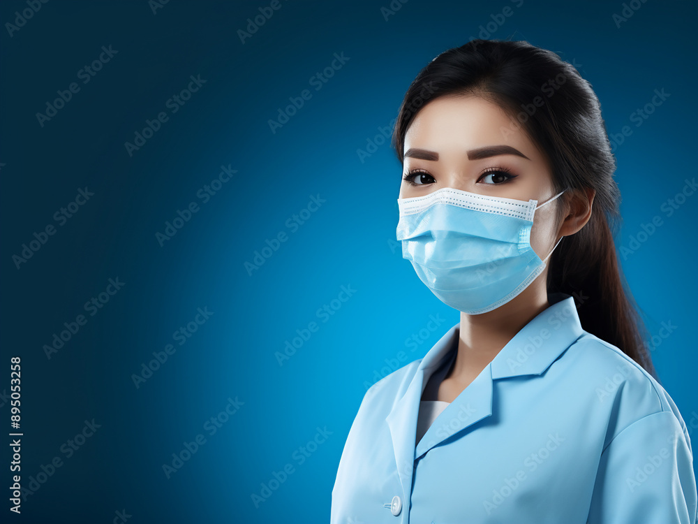 Young Asian female doctor wearing a mask, working in a clinic on a blue background Young Asian female doctor wearing a mask, working in a clinic on a blue background