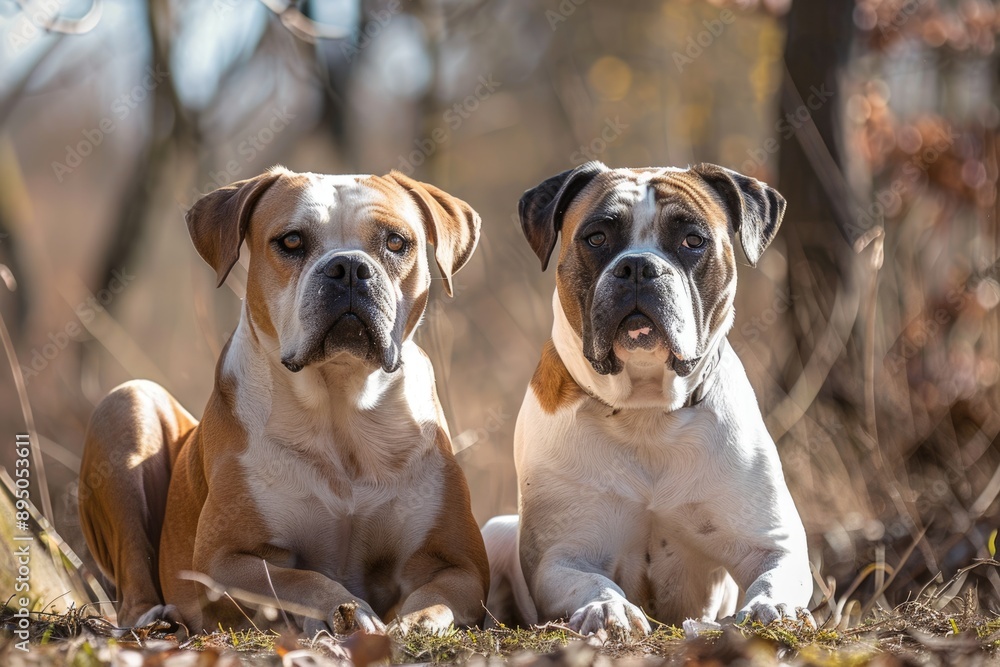 Obraz premium American Bulldogs - Two Muscular Dogs Enjoying Summer Outdoors