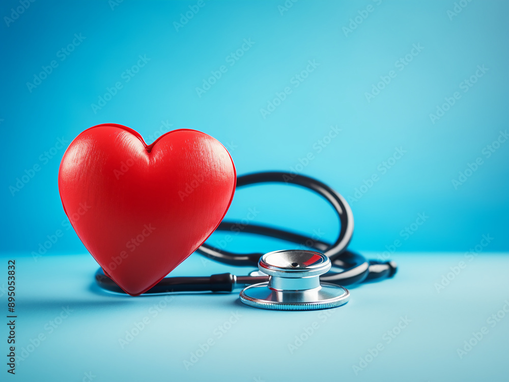 Red heart and stethoscope on a blue background Red heart and stethoscope on a blue background