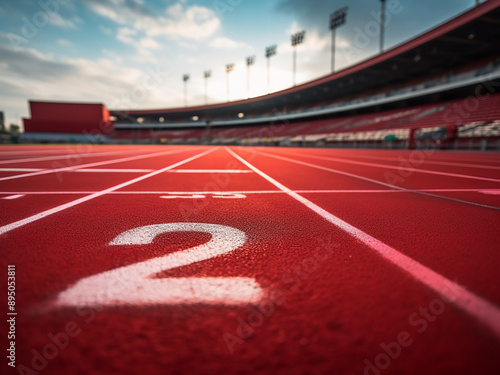 Red plastic track and numbers on a sports field