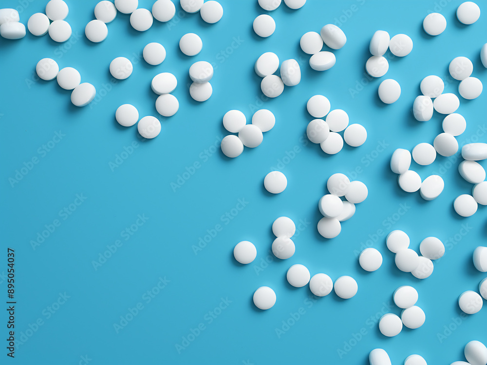 Blue table with scattered white pills and a stethoscope, medical concept Blue table with scattered white pills and a stethoscope, medical concept