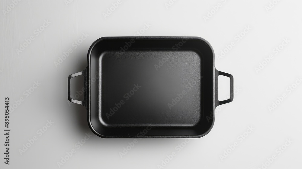 Aerial shot of a new square cooking pan with angled corners on a white backdrop Aerial shot of a new square cooking pan with angled corners on a white backdrop