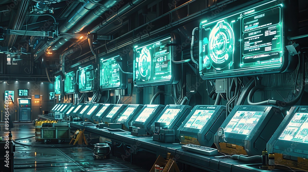 Obraz premium Futuristic control room with glowing digital screens displaying data and analytics in a high-tech environment.