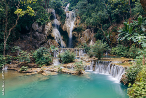 Beautiful waterfalls and lush vegetation at Kuang Si Waterfall in Laos; Luang Prabang Province, Laos