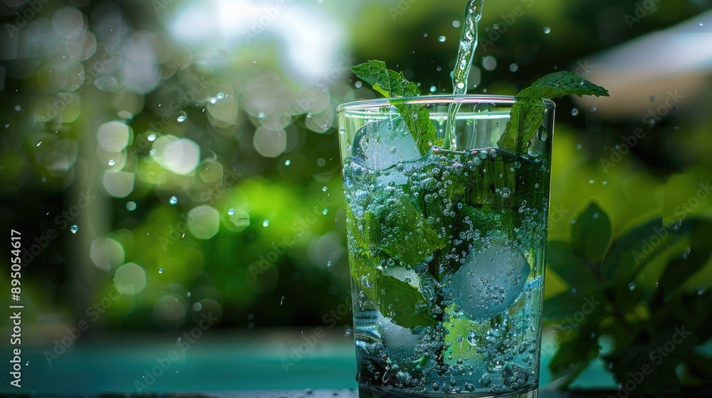 Glass Overflowing. Cold Refreshing Water, Ice, and Fresh Mint in Outdoor Summer Setting Glass Overflowing. Cold Refreshing Water, Ice, and Fresh Mint in Outdoor Summer Setting