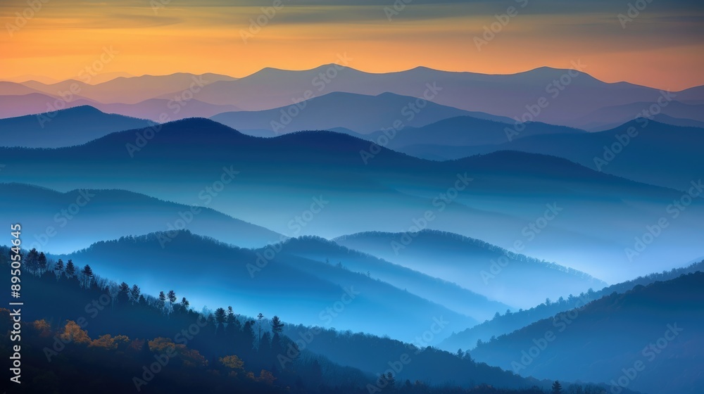 Great Smokey Mountains. Abstract Late Blue Landscape with Forest Layers Great Smokey Mountains. Abstract Late Blue Landscape with Forest Layers