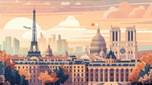 Paris 2024 venues with iconic landmarks, flat , vintage style, muted tones, detailed illustrations