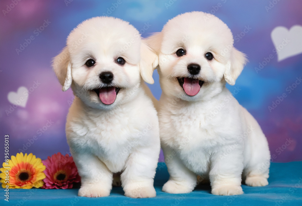 Adorables Bichon Frise posando juntos, con fondo rosa florido Adorables Bichon Frise posando juntos, con fondo rosa florido
