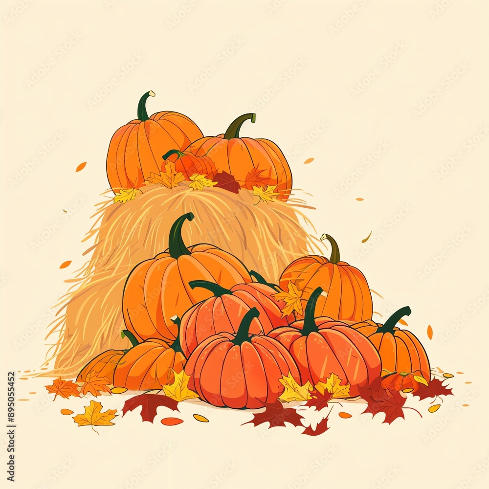 Naklejka premium Autumn Harvest Illustration. Pumpkins and Hay Bale with Falling Leaves