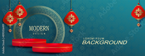 Photography Chinese New Year, composition with podium and air lanterns.