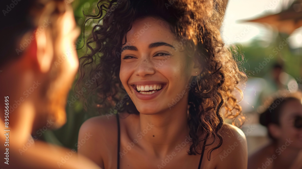 Young woman laughing and smiling with friends at a social group event outdoors Young woman laughing and smiling with friends at a social group event outdoors
