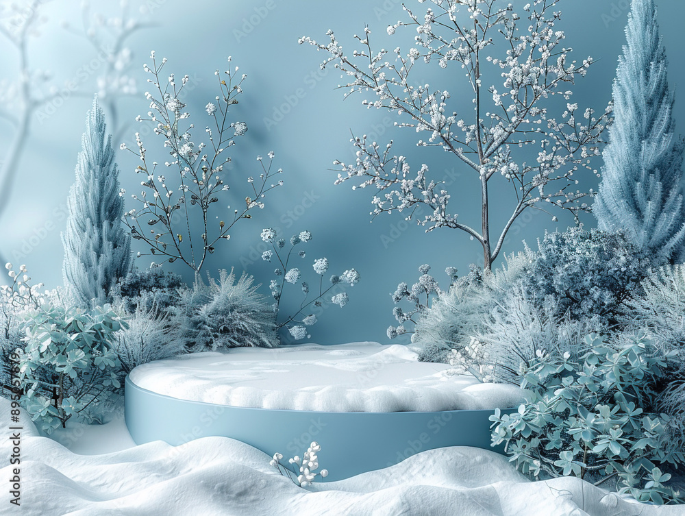 Fototapeta premium Winter podium background snow product 3D platform frosty scene display. Winter podium snow background product stage cold beauty