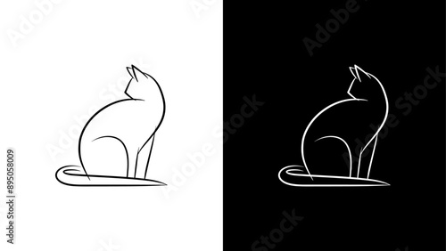 minimalist cat logo illustration symbol in black and white isolated vector design