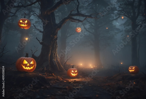 Lanterns in the shape of pumpkins hang on a tree, lighting the way in a dark forest on Halloween. Fog and light create a mystical atmosphere