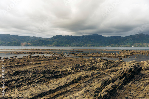 View of Dutungan Island and the lush vegetation along the coastline under an overcast sky; Dutungan Island, Kecamatan Mallusetasi, Kabupaten Barru, Sulawesi Selatan, Indonesia