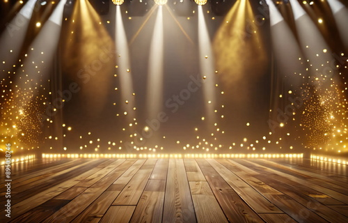  A golden wood podium illuminated by soft light and floating particles. The stage is highlighted by a gold spotlight, creating a warm and inviting atmosphere in the empty space.