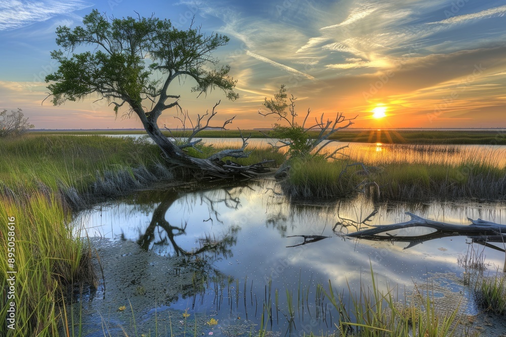 Fototapeta premium Louisiana Nature: Sunrise over Cypremort Point Marshes with Sky Reflection