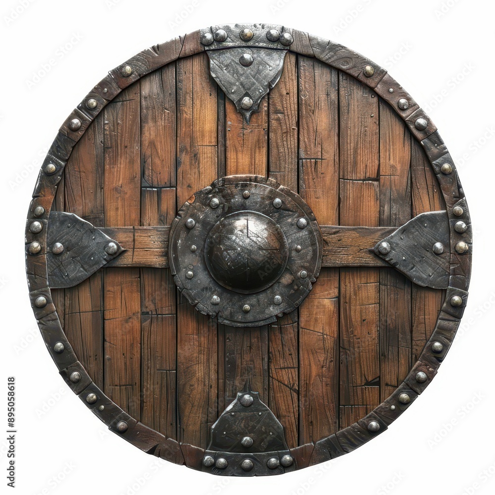 A rustic wooden Viking shield with metal accents, perfect for historical displays, reenactments, or medieval-themed decor. A rustic wooden Viking shield with metal accents, perfect for historical displays, reenactments, or medieval-themed decor.