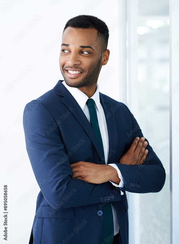Black businessman, thinking and confidence in ideas with arms crossed and investment banking career choice. Finance, proud broker and African banker in corporate institution with smile and decision Black businessman, thinking and confidence in ideas with arms crossed and investment banking career choice. Finance, proud broker and African banker in corporate institution with smile and decision