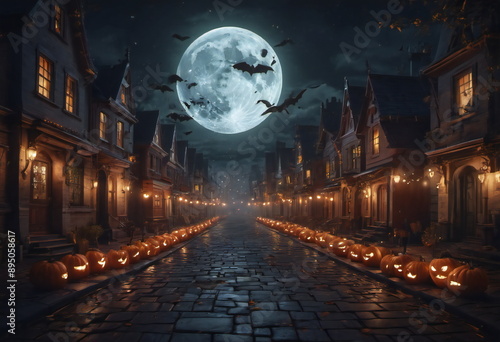 
A deserted street lined with houses adorned for Halloween, lanterns casting an eerie glow. Shadows of costumed figures stretch across the road, adding to the mystical ambiance.