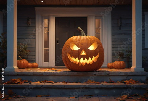 A large pumpkin with a carved, frightening face sits on the porch of a house for Halloween. Inner light glows warmly from the pumpkin in yellow tones, illuminating the night