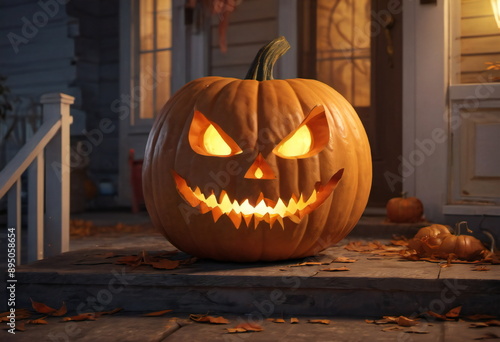 A large pumpkin with a carved, frightening face sits on the porch of a house for Halloween. Inner light glows warmly from the pumpkin in yellow tones, illuminating the night