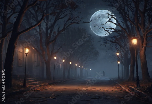 
A deserted street lined with houses adorned for Halloween, lanterns casting an eerie glow. Shadows of costumed figures stretch across the road, adding to the mystical ambiance.