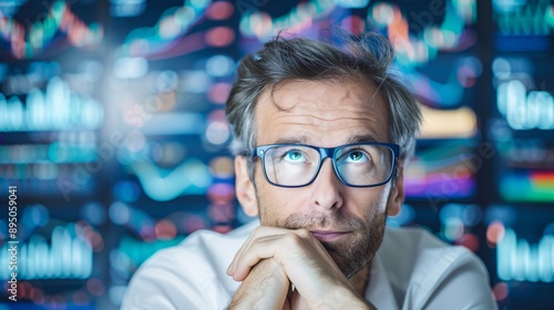 Wallpaper Mural A man with glasses is looking at a computer screen with a lot of numbers and graphs. He is deep in thought, possibly trying to understand the data or make a decision based on it Torontodigital.ca