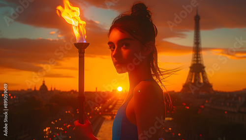 Sunset Torch Relay in Paris - Young Female Athlete with Eiffel Tower Backdrop photo