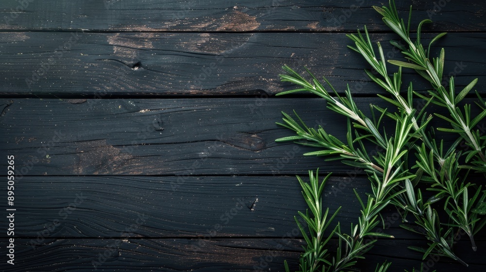 Rosemary herbs displayed on dark wooden table from top view Rosemary herbs displayed on dark wooden table from top view
