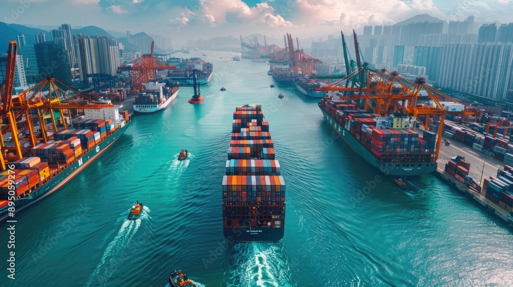 Fototapeta premium Bustling Port Activity – Cargo Ships, Cranes, and Workers Loading Containers Shot with Sony A7 IV