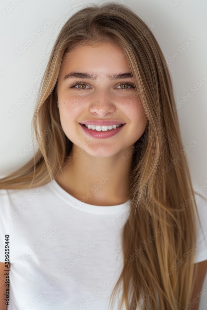 portrait photo of a smiling young woman with long hair wearing a tight white shirt portrait photo of a smiling young woman with long hair wearing a tight white shirt