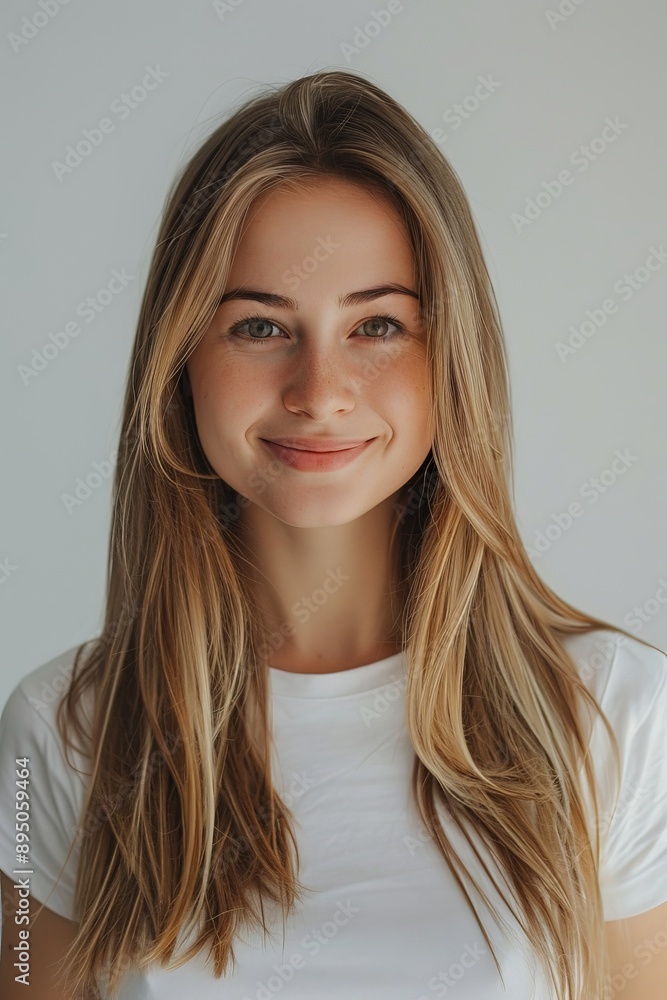 Fototapeta premium portrait photo of a smiling young woman with long hair wearing a tight white shirt