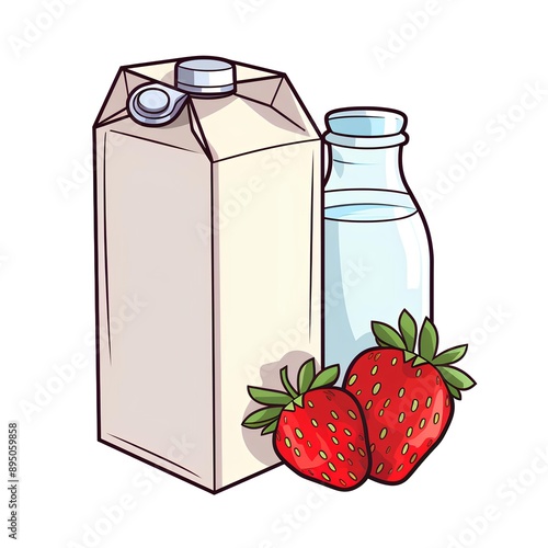 glass of milk, carton and strawberry isolated on white background, vector illustration