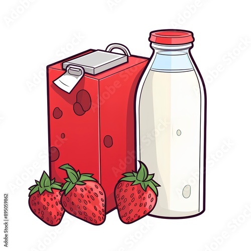 glass bottle of milk, carton and strawberry isolated on white background, vector illustration