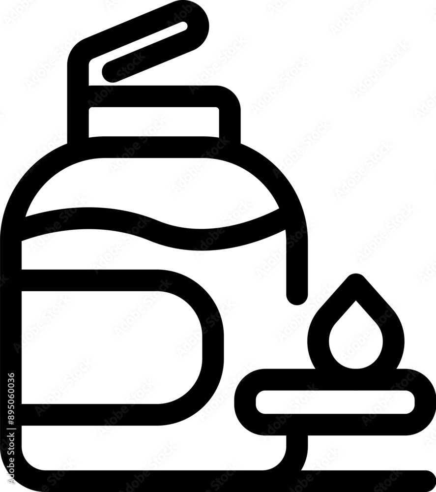 Line drawing of a liquid soap container dispensing a single drop onto a stand Line drawing of a liquid soap container dispensing a single drop onto a stand