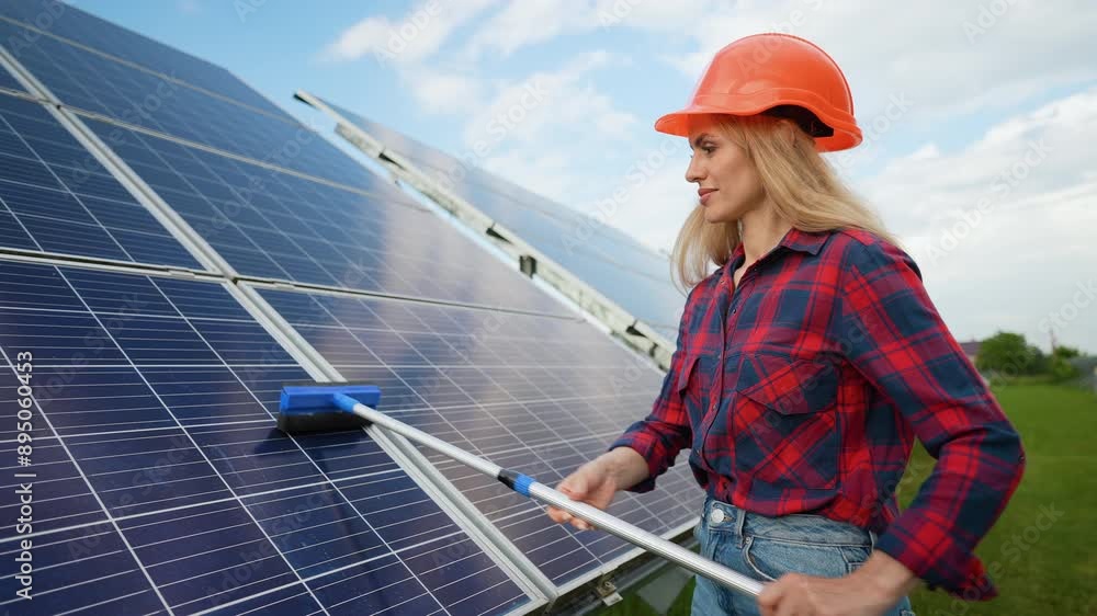 Female worker cleaning solar panels with brush and water Female worker cleaning solar panels with brush and water