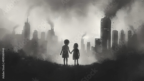 An illustration of two children holding hands on a path towards a foggy urban skyline. © ELmidoi-AI