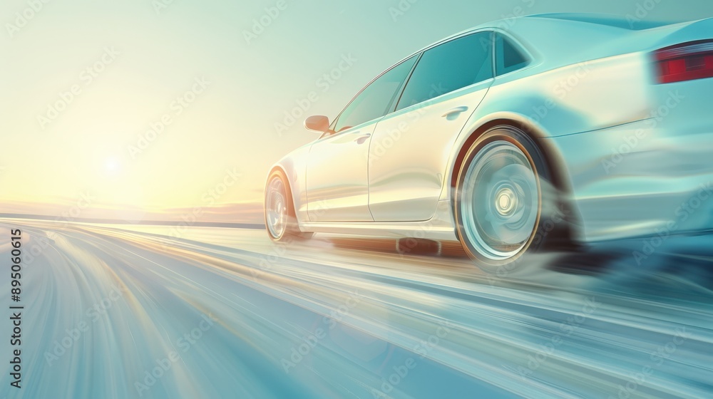 A white car is driving down a road with a bright sun in the background A white car is driving down a road with a bright sun in the background