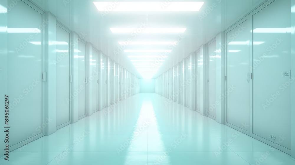 A long hallway with white doors and a white floor A long hallway with white doors and a white floor