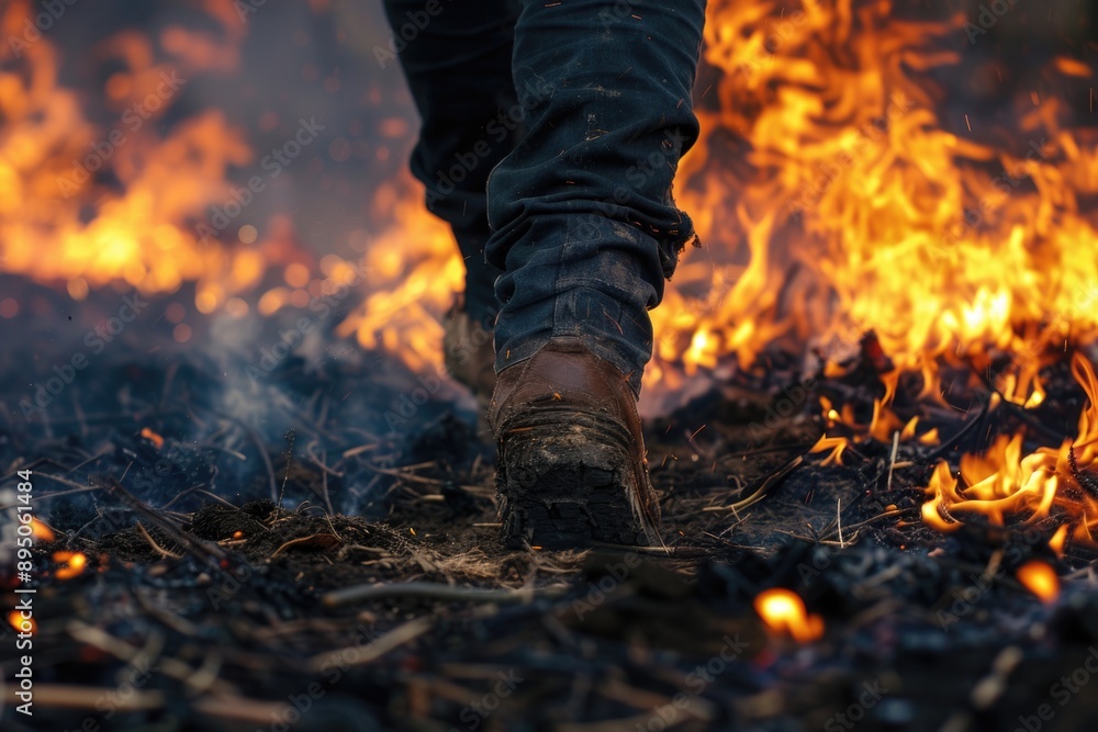 Pass Fire. Fearless Feet Walking through Flames on Ground, Braving the Heat Pass Fire. Fearless Feet Walking through Flames on Ground, Braving the Heat