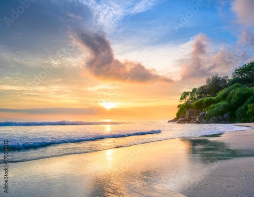 Art Beautiful sunrise over the tropical beach with ocean and cloudy sky