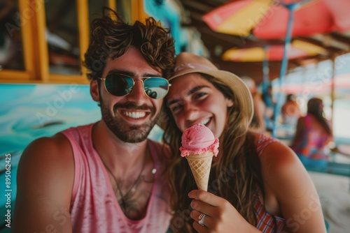 Portrait of a glad couple in their 20s eating ice cream