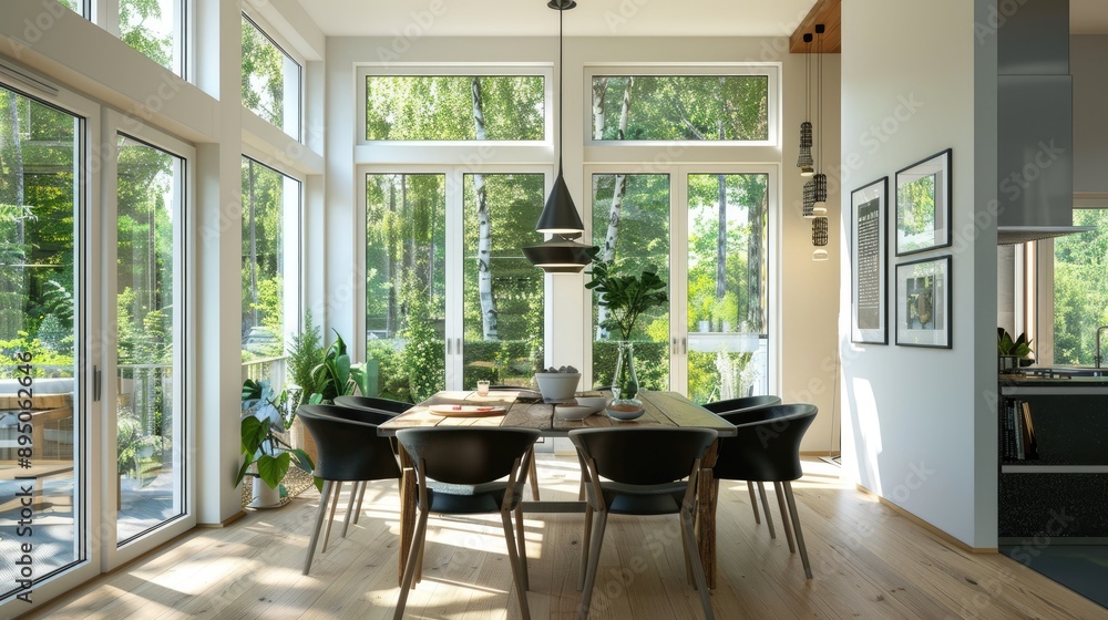 A bright home dining area has a wooden table with black chairs, and large windows fill the space with natural light. A bright home dining area has a wooden table with black chairs, and large windows fill the space with natural light.