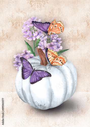 Vintage postcard design with white pumpkin, purple flowers, exotic butterflies on beige floral background. Hand-drawn watercolor illustration. photo